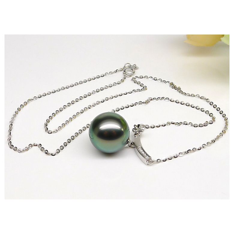 Ciondolo oro bianco fiore diamante - Perla di Tahiti verte - 3