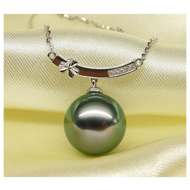 Ciondolo oro bianco fiore diamante - Perla di Tahiti verte - 4