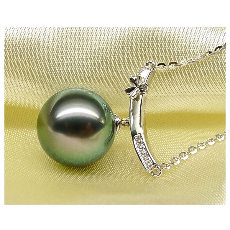 Ciondolo oro bianco fiore diamante - Perla di Tahiti verte - 5