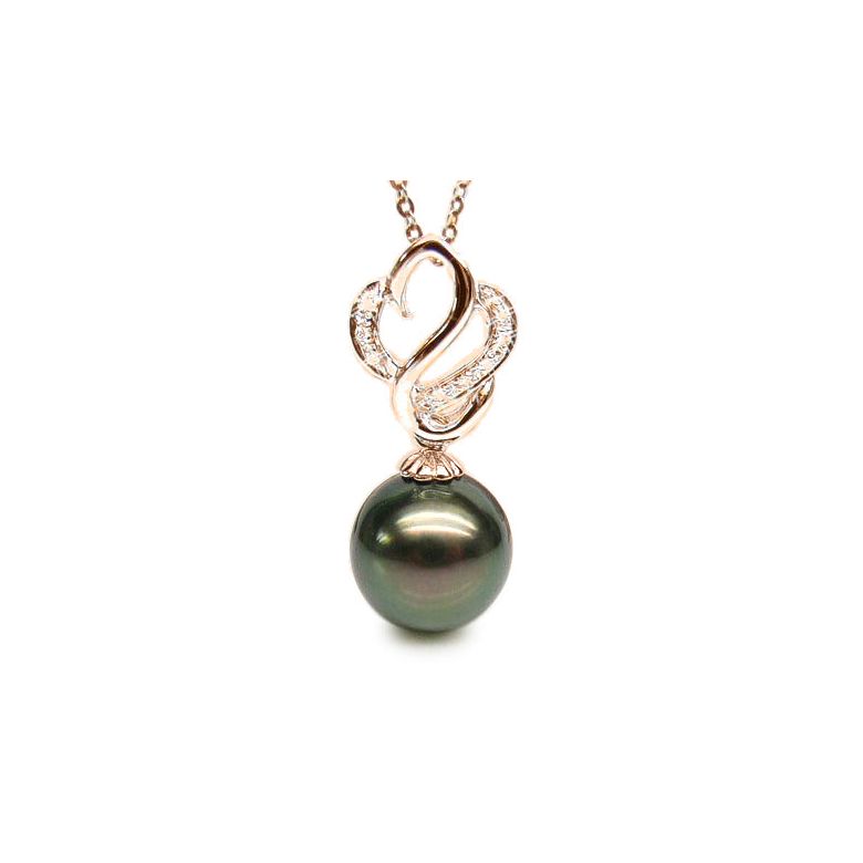 Ciondolo Cigno Antigone - Oro Rosa, Diamanti e Perla Tahiti - 1