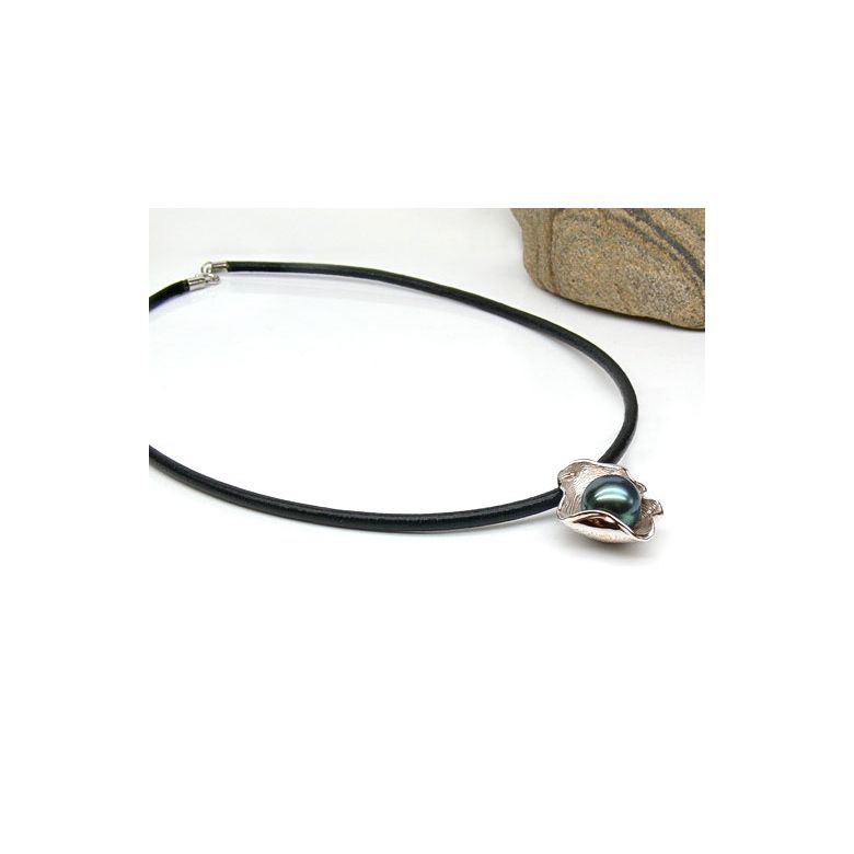 Ciondolo Oro Rosa 18kt, Perla Tahiti - Collana Cuoio - 2
