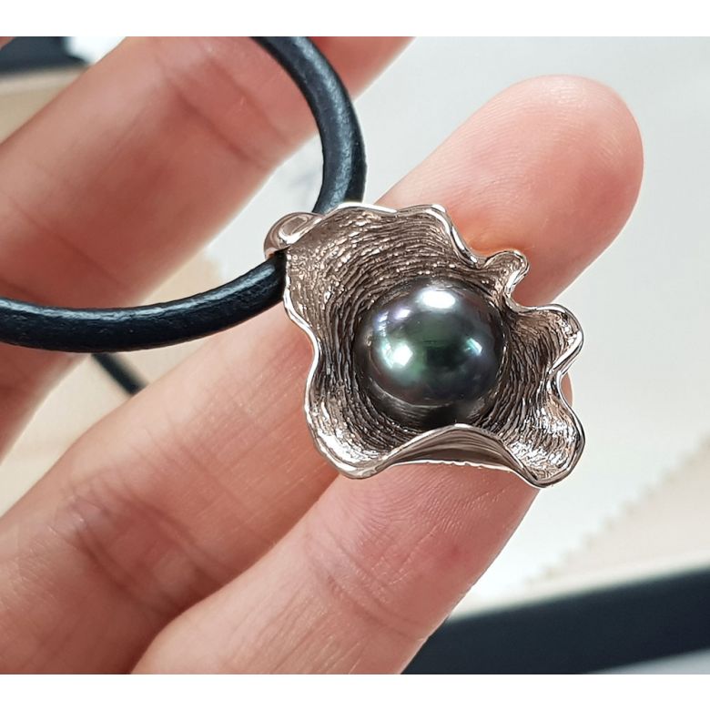 Ciondolo Oro Rosa 18kt, Perla Tahiti - Collana Cuoio - 6