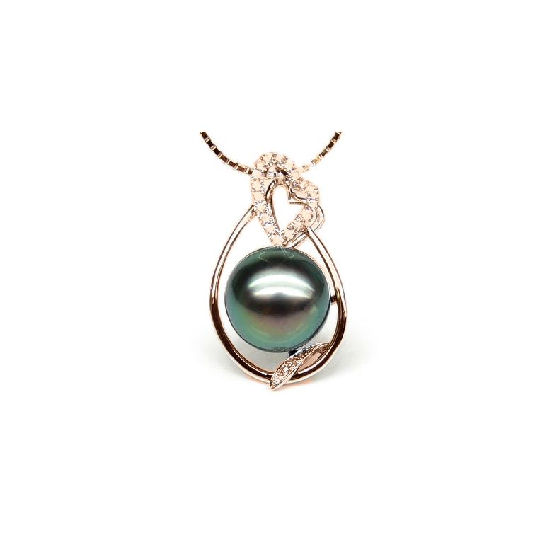 Ciondolo Forma Cuore - Oro Rosa, Diamanti e Perla Tahiti - 1