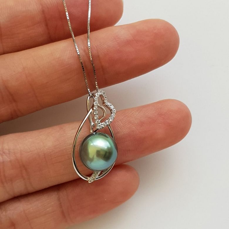 Ciondolo Forma Cuore - Oro Rosa, Diamanti e Perla Tahiti - 2