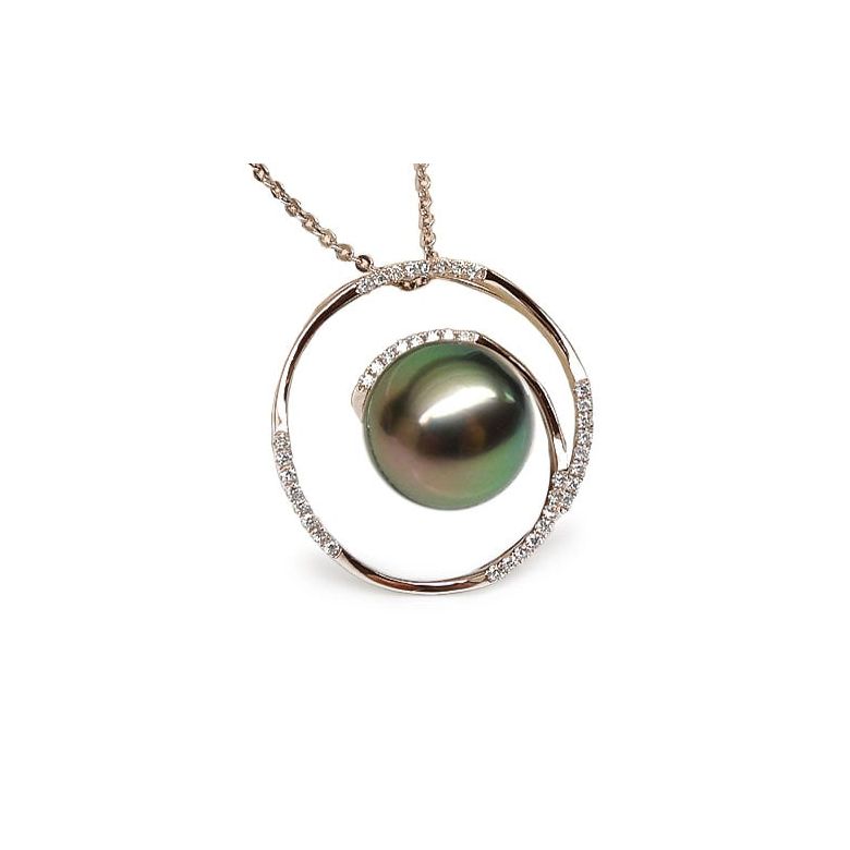 Ciondolo Anello Roue - Oro Rosa, Diamanti e Perla Tahiti - 1