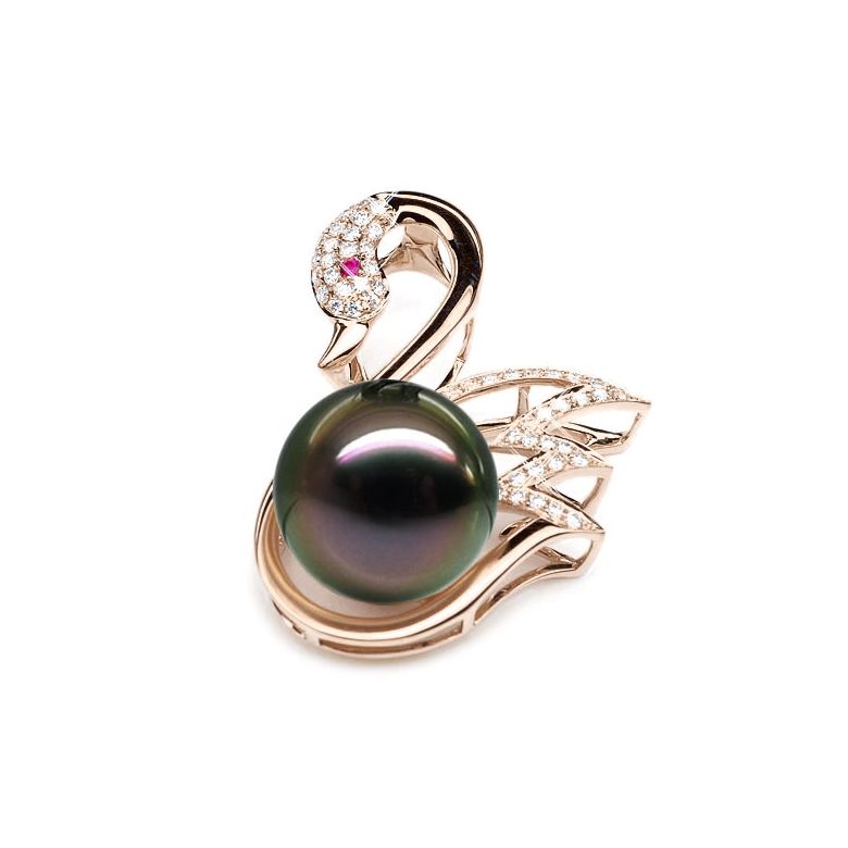 Ciondolo Black Swan - Oro Rosa, Diamanti e Perla di Tahiti - 1