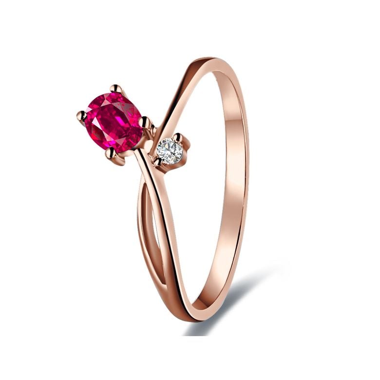 Anello Di Fidanzamento Rose Rouge - Oro Rosa, Diamante & Rubino Ovale - 1