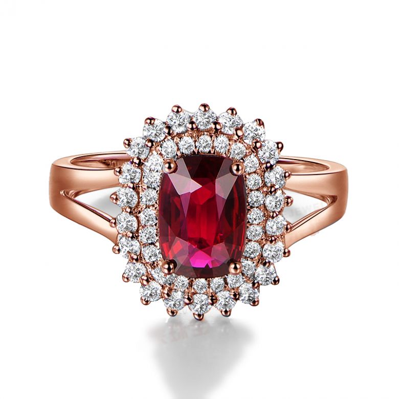 Anello Scintillante - Oro Rosa, Rubino Cuscino & Diamanti - 3
