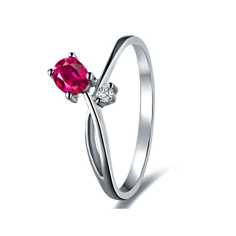 Anello Di Fidanzamento Rose Rouge - Oro Bianco, Diamante & Rubino Ovale - 1
