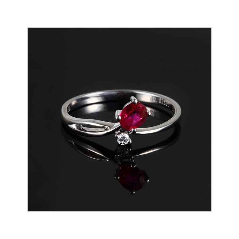 Anello Di Fidanzamento Rose Rouge - Oro Bianco, Diamante & Rubino Ovale - 3