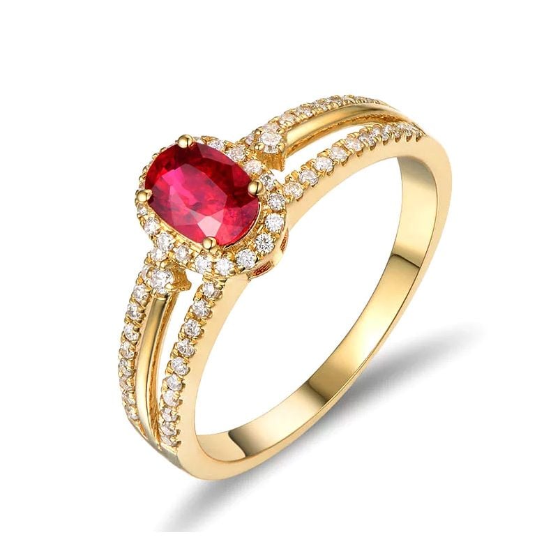 Anello di Fidanzamento Nesys - Oro Giallo, Rubino Ovale & Diamanti - 1