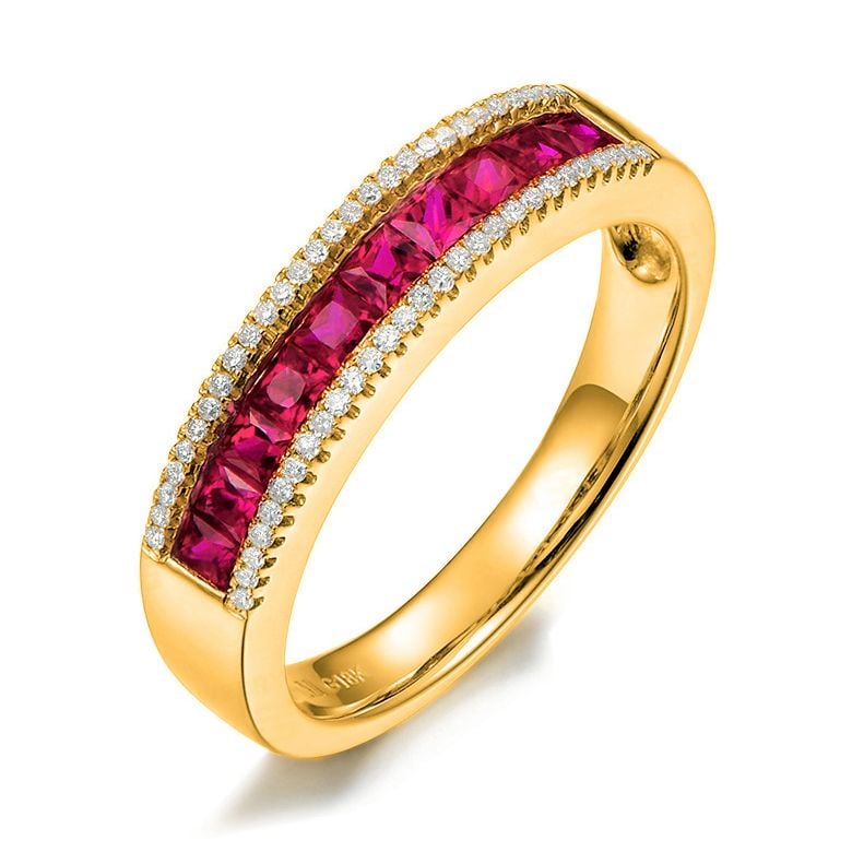 Anello Luce Rossa - Oro Giallo, Riviera di Rubini Princess a Binario e Diamanti - 1