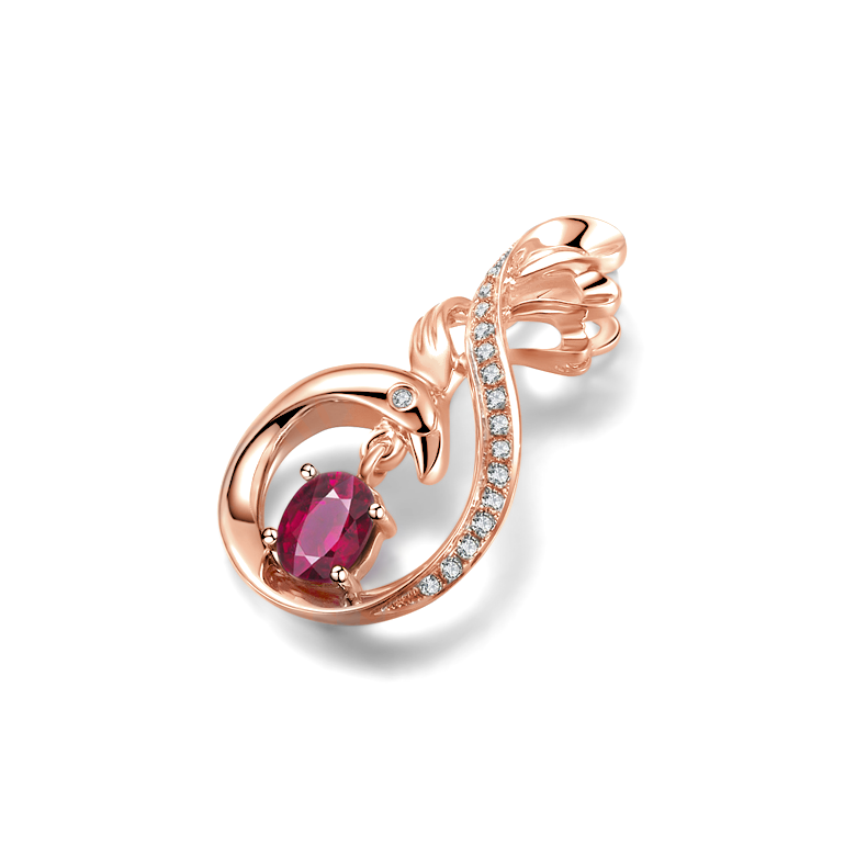 Ciondolo cigno - Oro rosa diamantato e rubino - 1