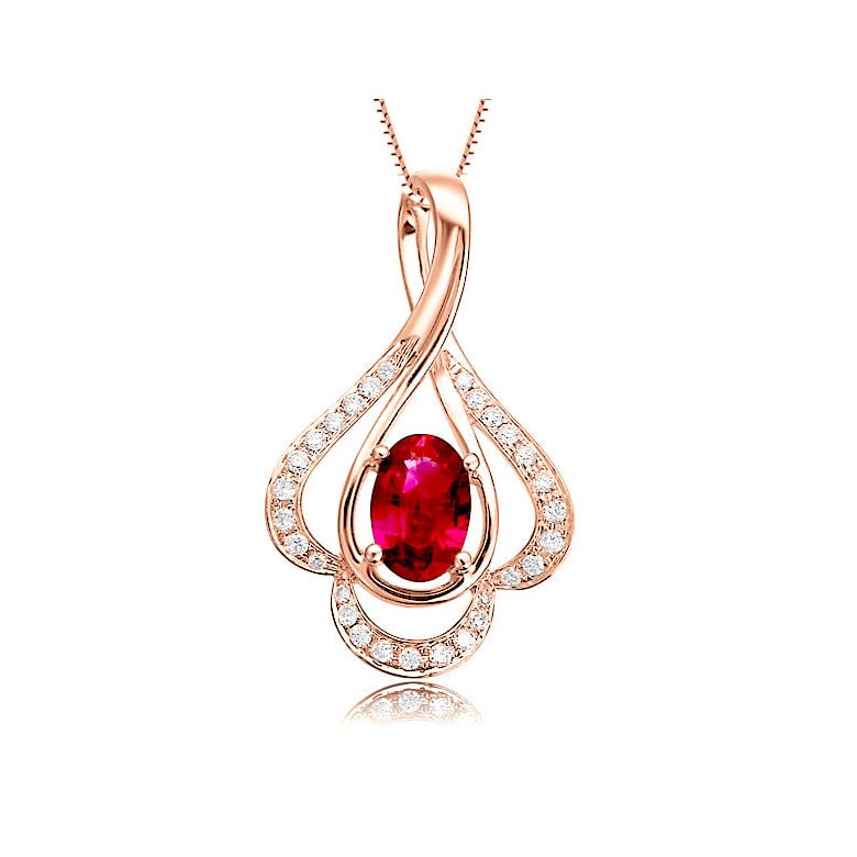 Ciondolo solitario in oro rosa - Rubino ovale e diamanti oro rosa - 1