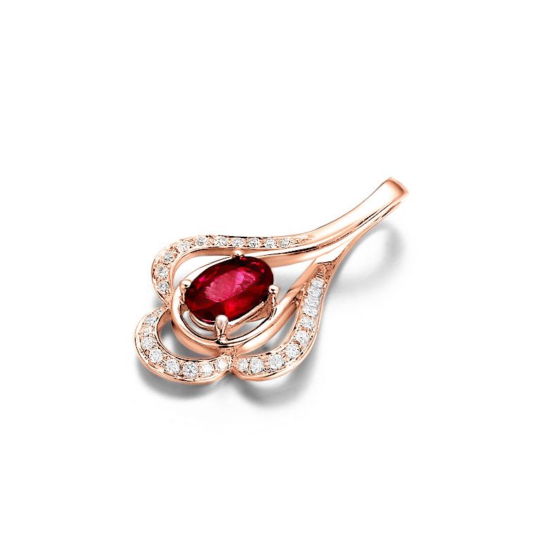 Ciondolo solitario in oro rosa - Rubino ovale e diamanti oro rosa - 2