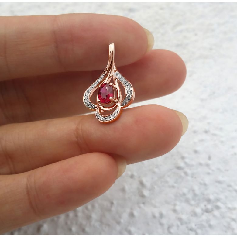 Ciondolo solitario in oro rosa - Rubino ovale e diamanti oro rosa - 5