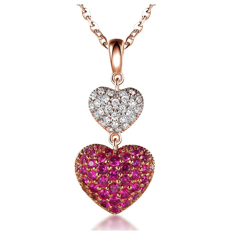 Ciondolo doppio cuore - Rubini e Diamanti incastonati oro rosa - 1