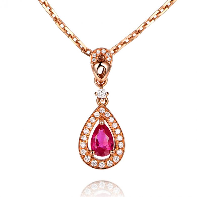 Ciondolo principessa Oro rosa 18ct - Rubino taglio pera e diamanti - 1