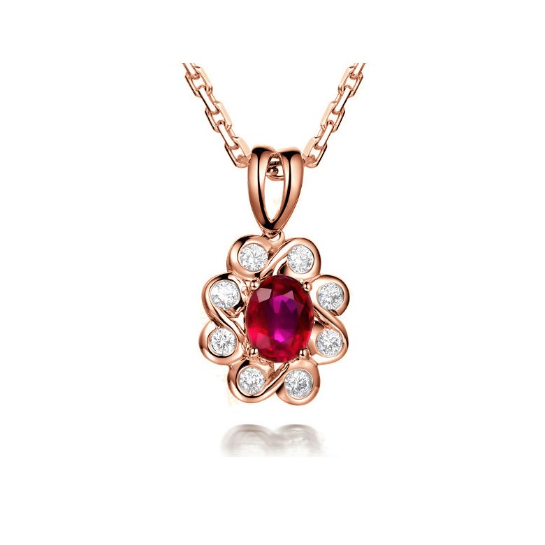 Ciondolo fiore di Diamanti e Rubino - Oro rosa - 1