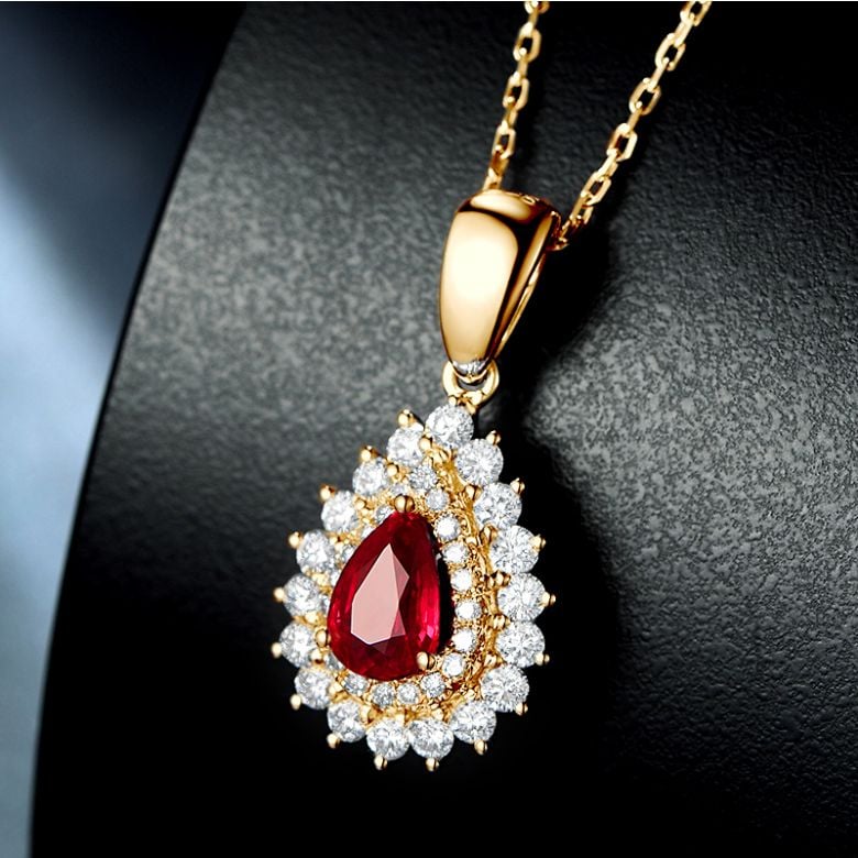 Ciondolo Rubino taglio pera - Diamanti e oro bianco - 2