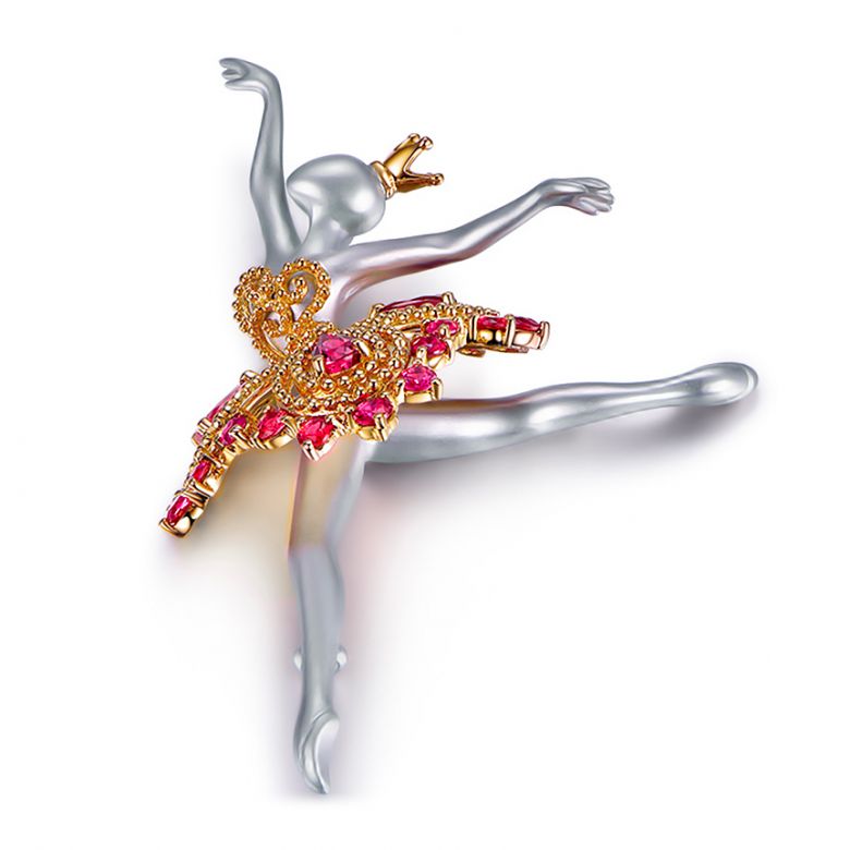 Ciondolo Princesse Ballerina - Spilla Oro bianco e giallo - Rubini - 3
