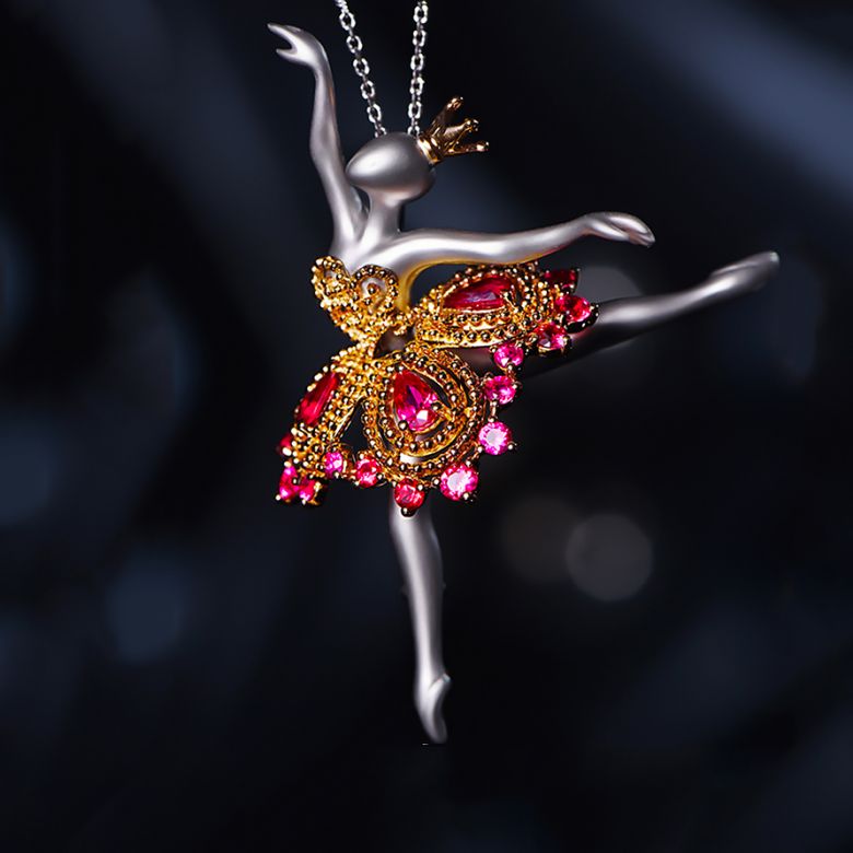 Ciondolo Princesse Ballerina - Spilla Oro bianco e giallo - Rubini - 4