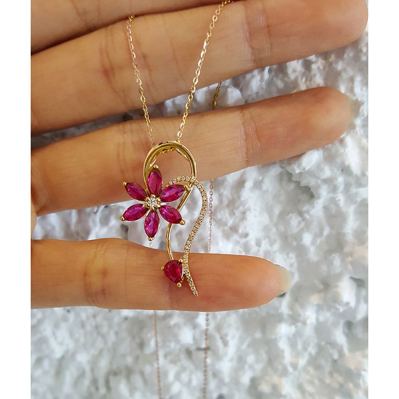 Ciondolo fiore in oro giallo - Rubini e Diamanti incastonati - 2