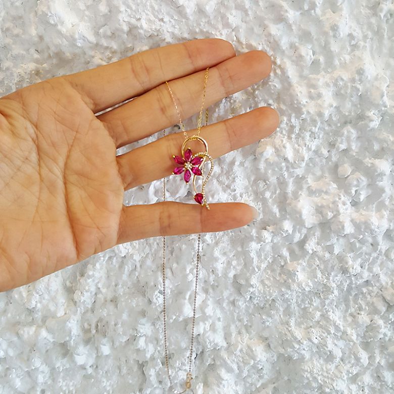 Ciondolo fiore in oro giallo - Rubini e Diamanti incastonati - 5