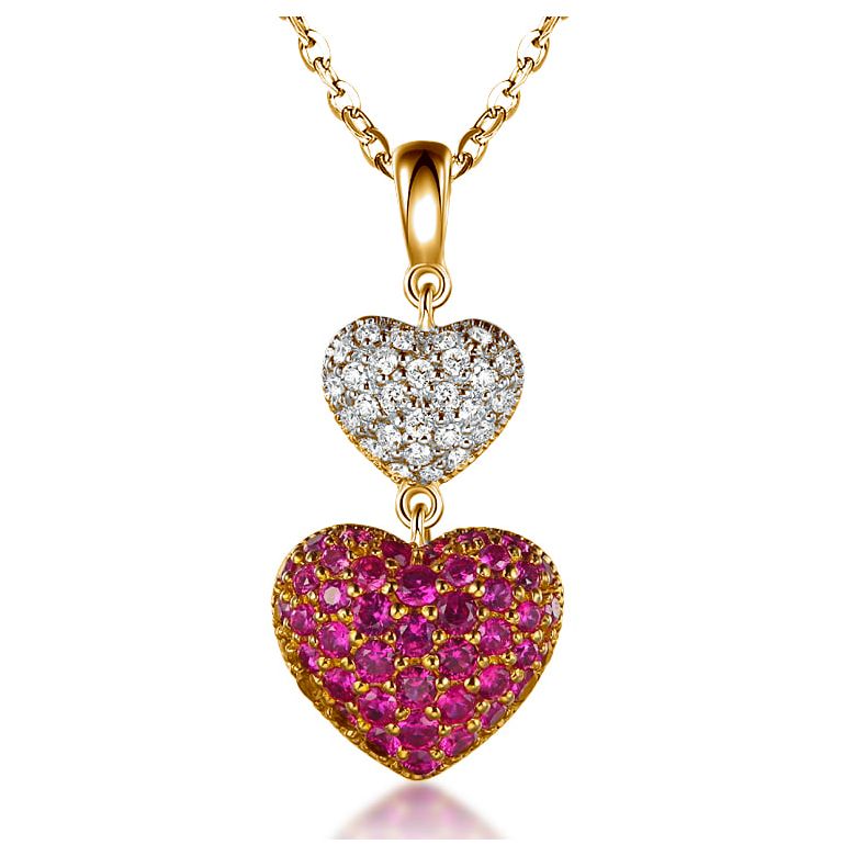 Ciondolo doppio cuore - Rubini e Diamanti incastonati oro giallo - 1