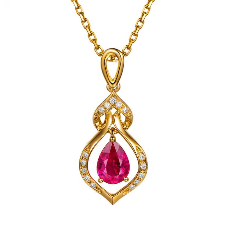 Ciondolo con rubino da 0,70 carati - Diamanti taglio brillante oro giallo - 1