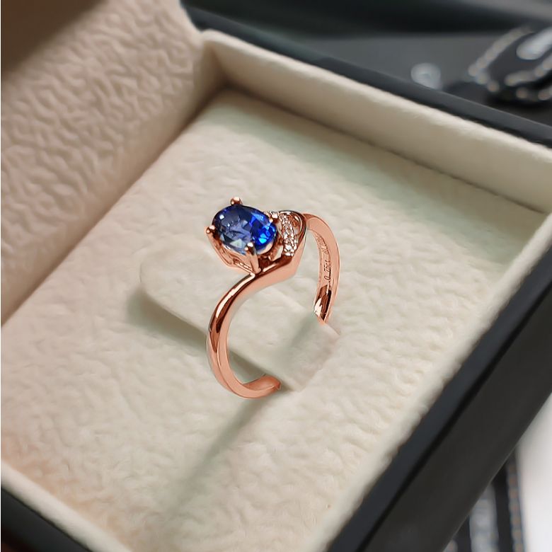 Anello di Fidanzamento Cenero - Oro Rosa, Diamanti & Zaffiro Blu Ovale - 9