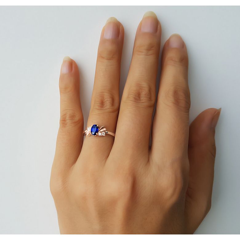 Anello di Fidanzamento Luxe - Oro Rosa, Diamanti & Zaffiro Blu Ovale - 6