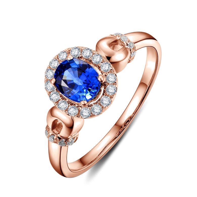 Anello di Fidanzamento Profondo - Oro Rosa, Diamanti & Zaffiro Blu Ovale - 1