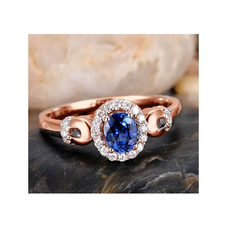 Anello di Fidanzamento Profondo - Oro Rosa, Diamanti & Zaffiro Blu Ovale - 4