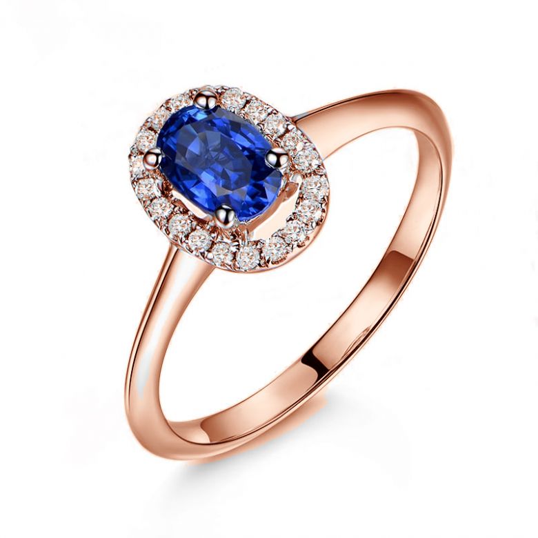 Anello di Fidanzamento Persée - Oro Rosa, Diamanti & Zaffiro Blu Ovale - 1