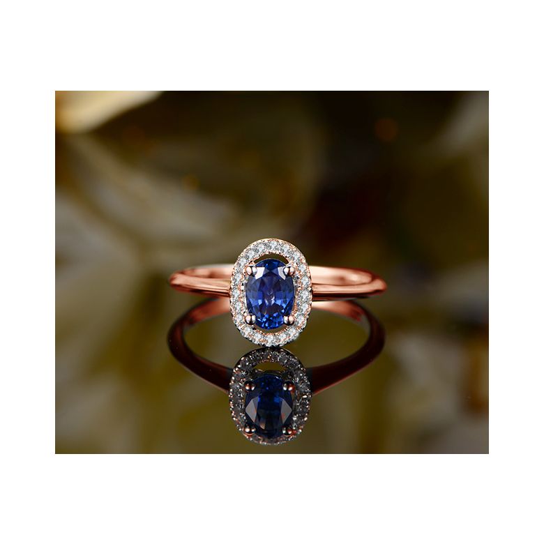 Anello di Fidanzamento Persée - Oro Rosa, Diamanti & Zaffiro Blu Ovale - 8