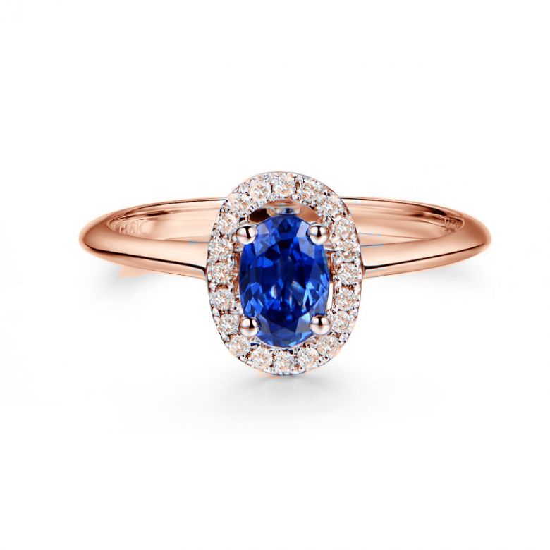 Anello di Fidanzamento Persée - Oro Rosa, Diamanti & Zaffiro Blu Ovale - 3