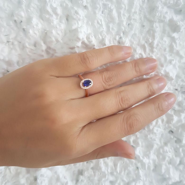 Anello di Fidanzamento Persée - Oro Rosa, Diamanti & Zaffiro Blu Ovale - 9