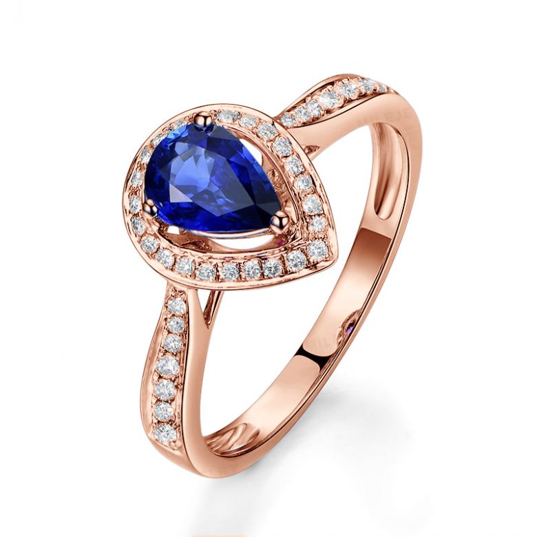 Anello Solitario Composto Jaffna - Oro Rosa, Diamanti & Zaffiro Pera - 1