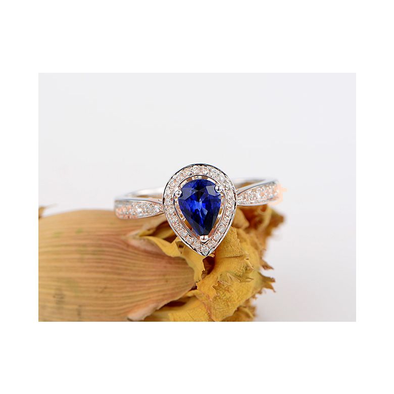 Anello Solitario Composto Jaffna - Oro Rosa, Diamanti & Zaffiro Pera - 3