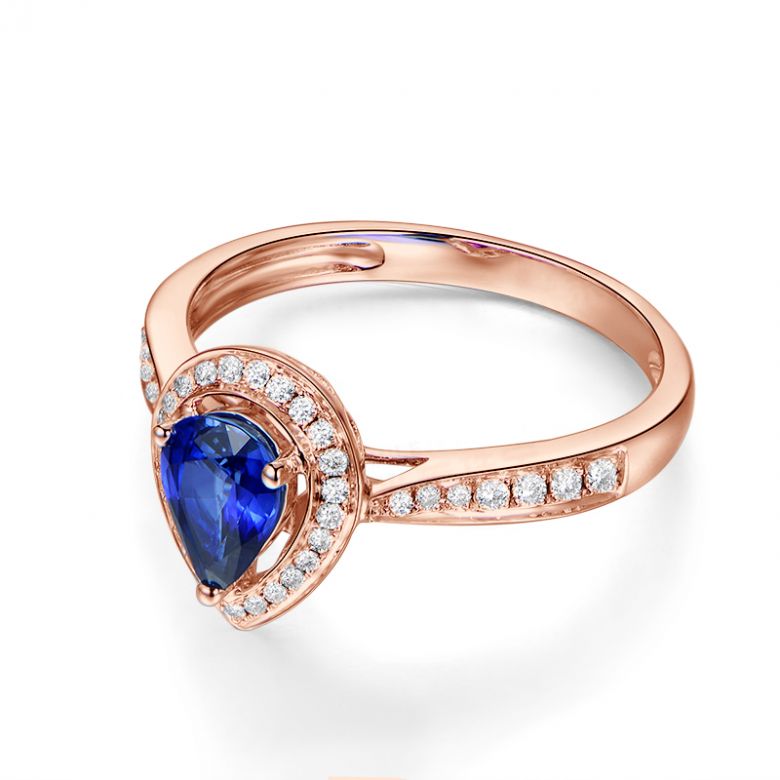 Anello Solitario Composto Jaffna - Oro Rosa, Diamanti & Zaffiro Pera - 7