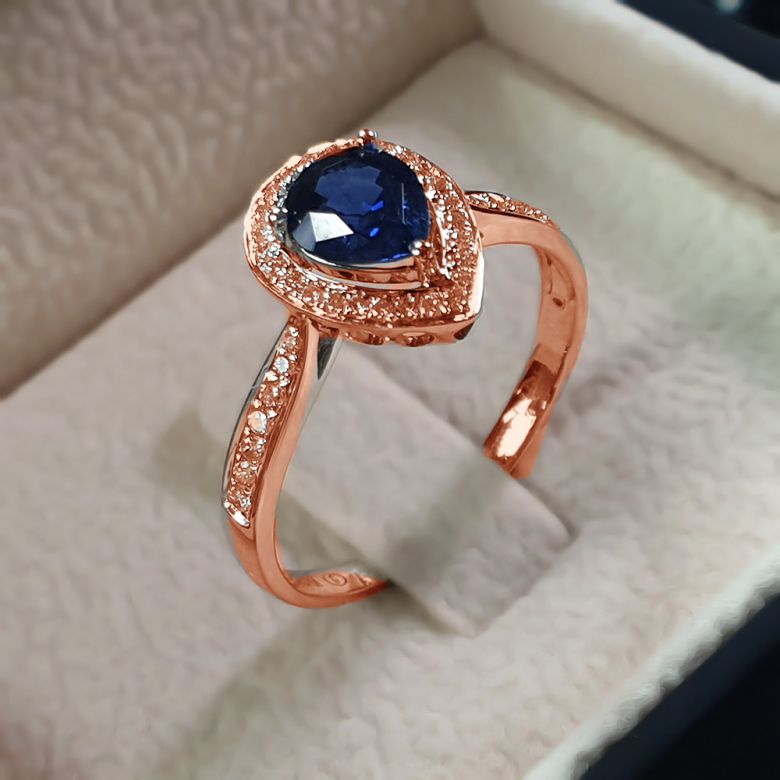 Anello Solitario Composto Jaffna - Oro Rosa, Diamanti & Zaffiro Pera - 4