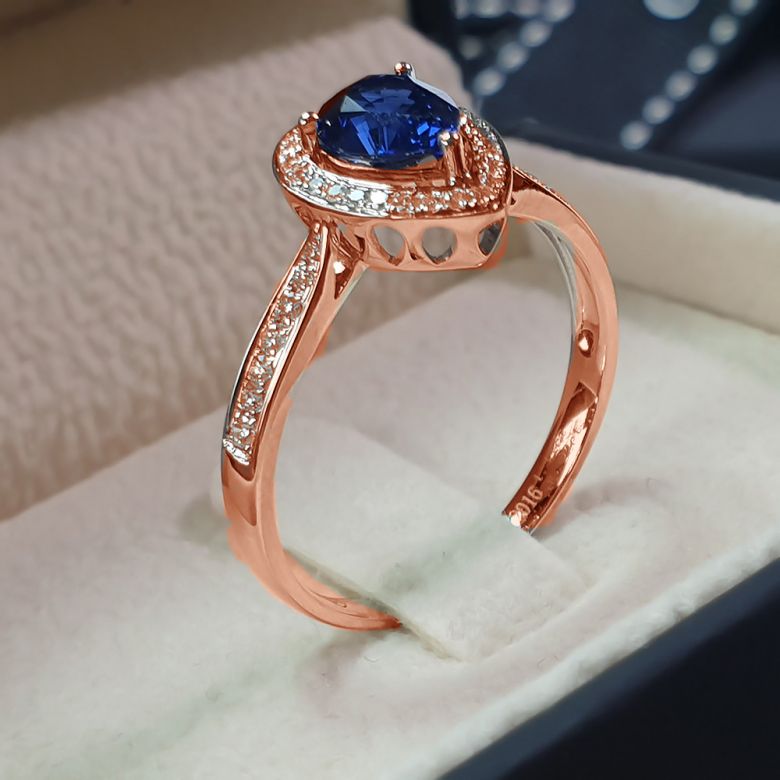 Anello Solitario Composto Jaffna - Oro Rosa, Diamanti & Zaffiro Pera - 6