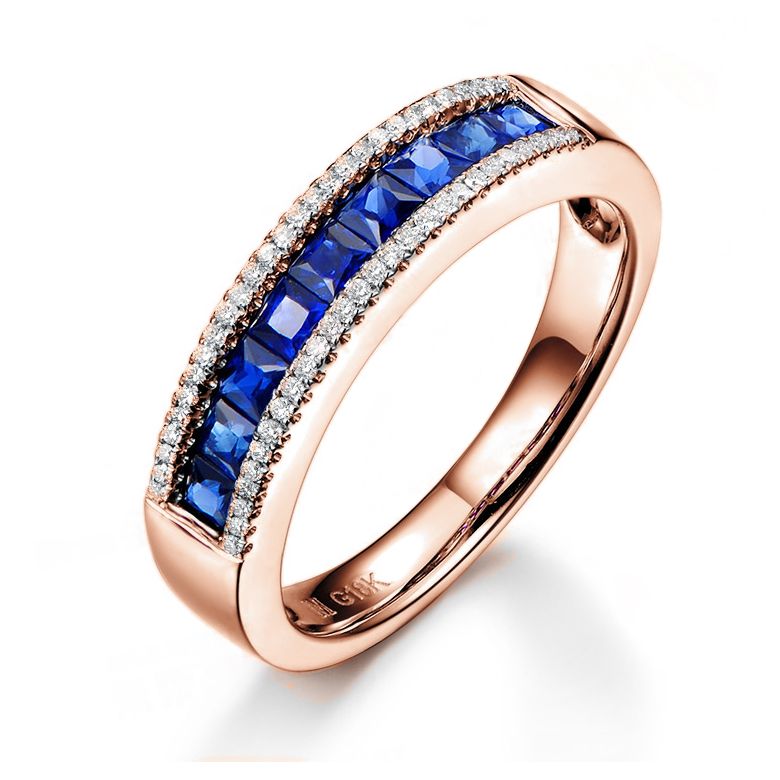 Anello Luce Blu - Oro Rosa, Riviera di Zaffiri Princess a Binario & Diamanti - 1