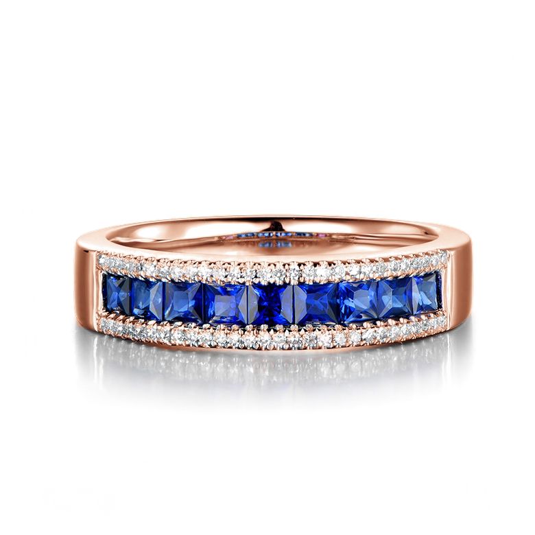 Anello Luce Blu - Oro Rosa, Riviera di Zaffiri Princess a Binario & Diamanti - 3