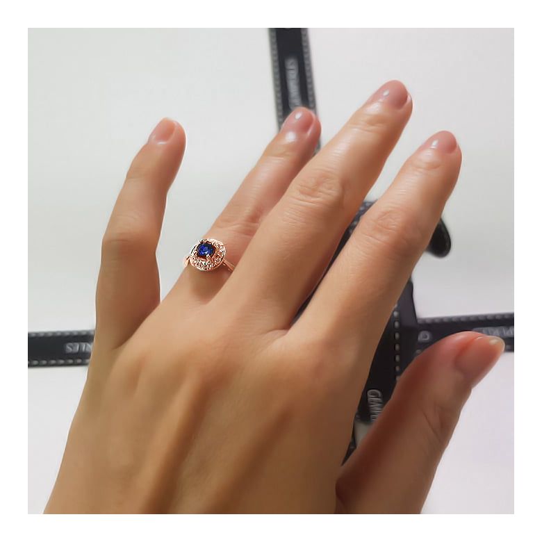 Anello Solitario Composto Kandy - Oro Rosa, Diamanti & Zaffiro Blu - 2