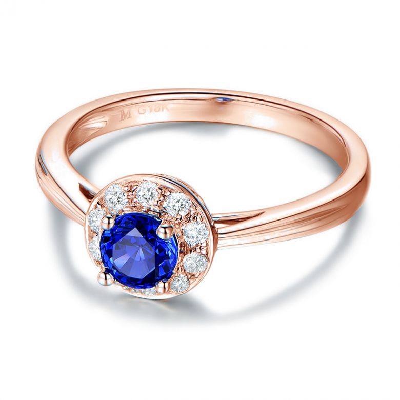 Anello Solitario Composto Kandy - Oro Rosa, Diamanti & Zaffiro Blu - 1