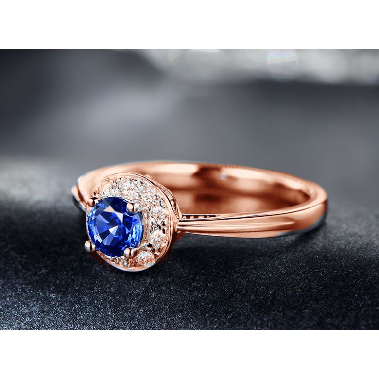 Anello Solitario Composto Kandy - Oro Rosa, Diamanti & Zaffiro Blu - 7