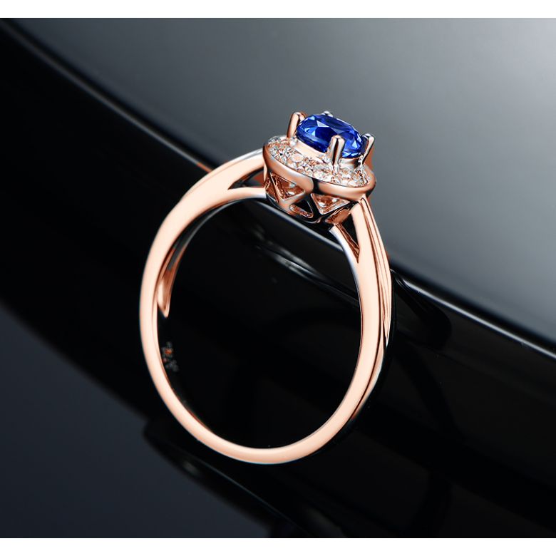 Anello Solitario Composto Kandy - Oro Rosa, Diamanti & Zaffiro Blu - 8
