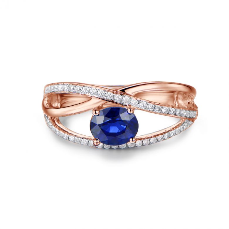 Solitario Composto Sharmini - Oro Rosa, Diamanti & Zaffiro Ovale - 7